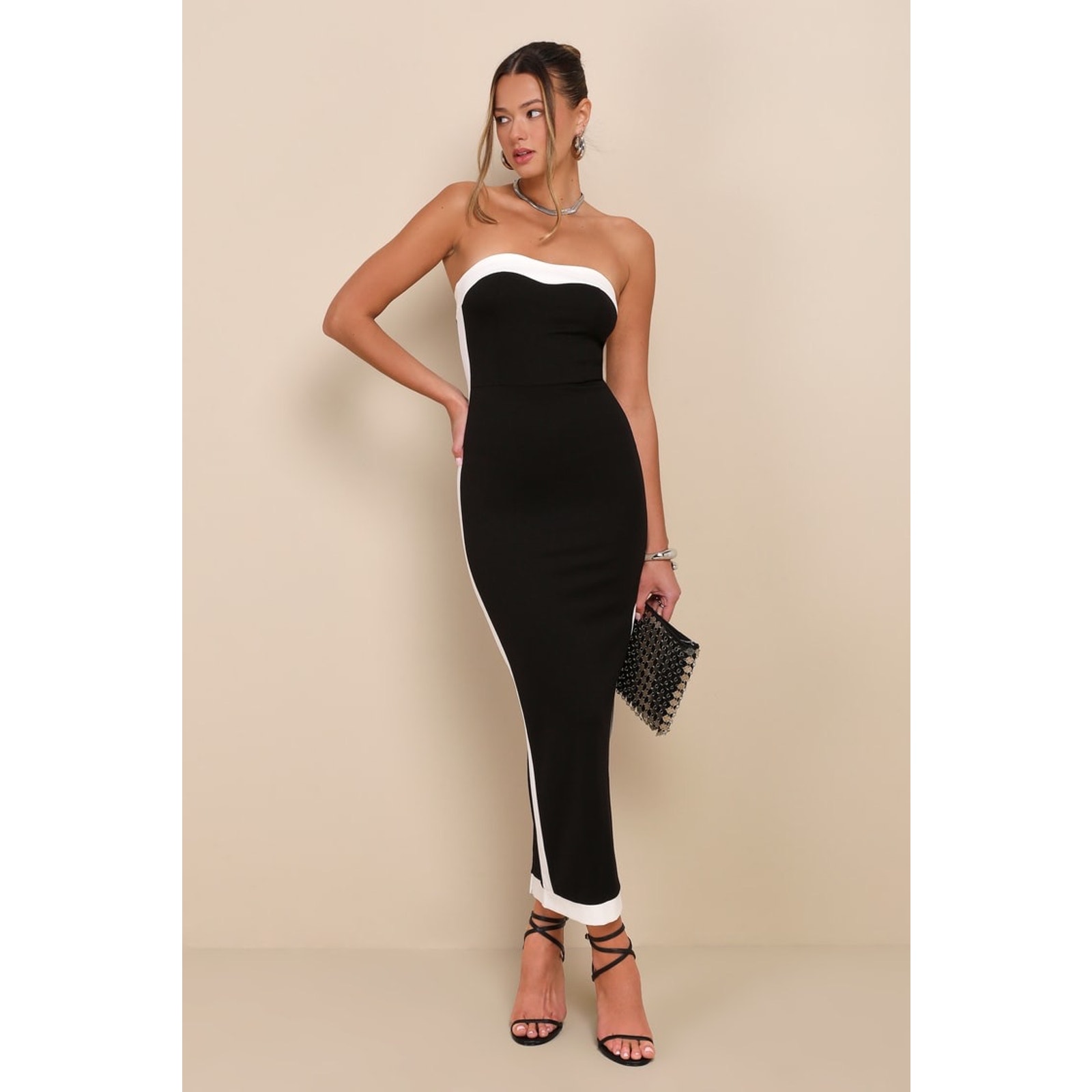 Nwt Lulus Impressive Edge Black Color Block Strapless Midi Dress Party Size Xs
